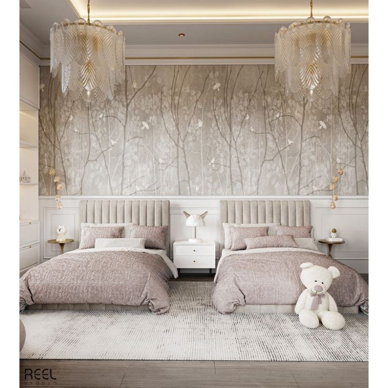 Two Beech Wood Beds, Velvet Fabric, 120X195X120 Cm - Beige