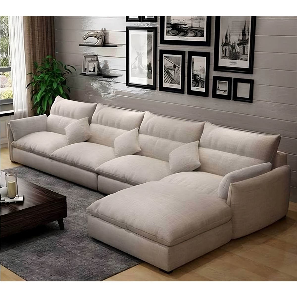 Modern L-Shape Beech Wood Sofa, 280X80X80X180 Cm - Beige
