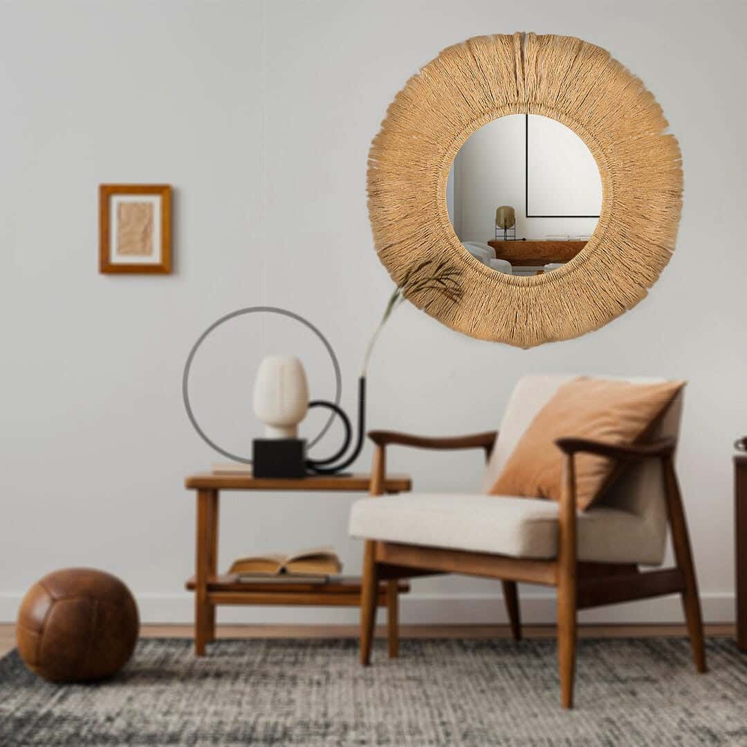 Round Glass Wall Mirrors With Burlap Frame, 50 X 35 Cm