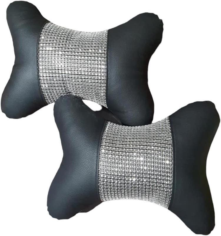 Fabric Car Headrest Set, Decorated with shiny stones, Black and Silver