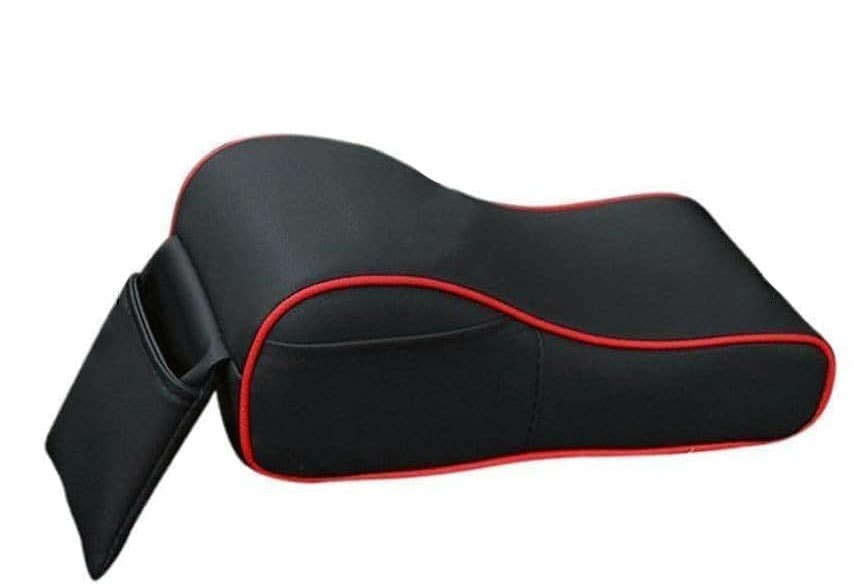 Max Comfort Memory Foam and Leather Car Armrest, With Phone Holder, Black and Red
