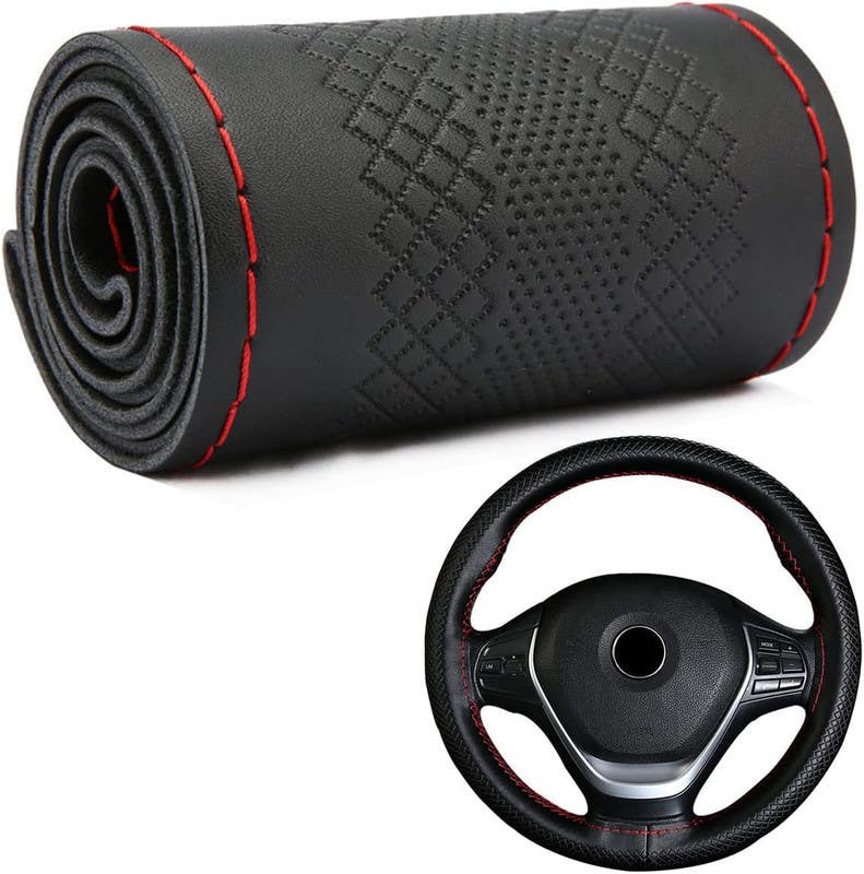 MT BEST BUY Knitted Leather Steering Wheel Cover, With Needle and Thread, Black and Red