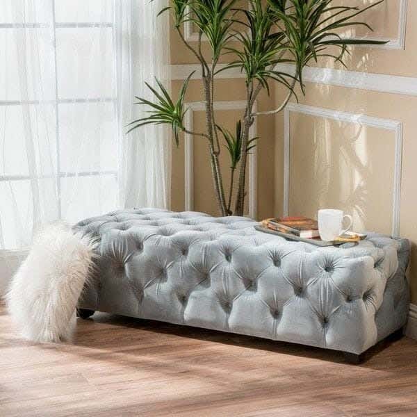 Red beech wood tufted banquette, 100x40x40cm, velvet - grey