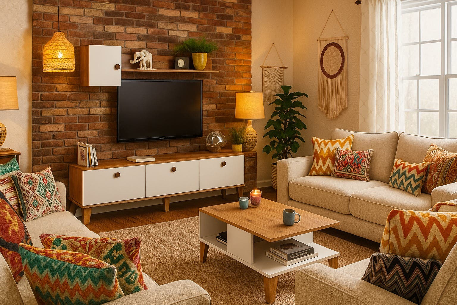 TV Table And Center Table Set, MDF Wood - Beige White