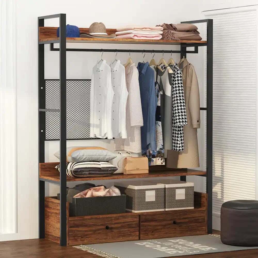 Steel MDF Wood Open Wardrobe, 120x40x180 Cm - Black Brown