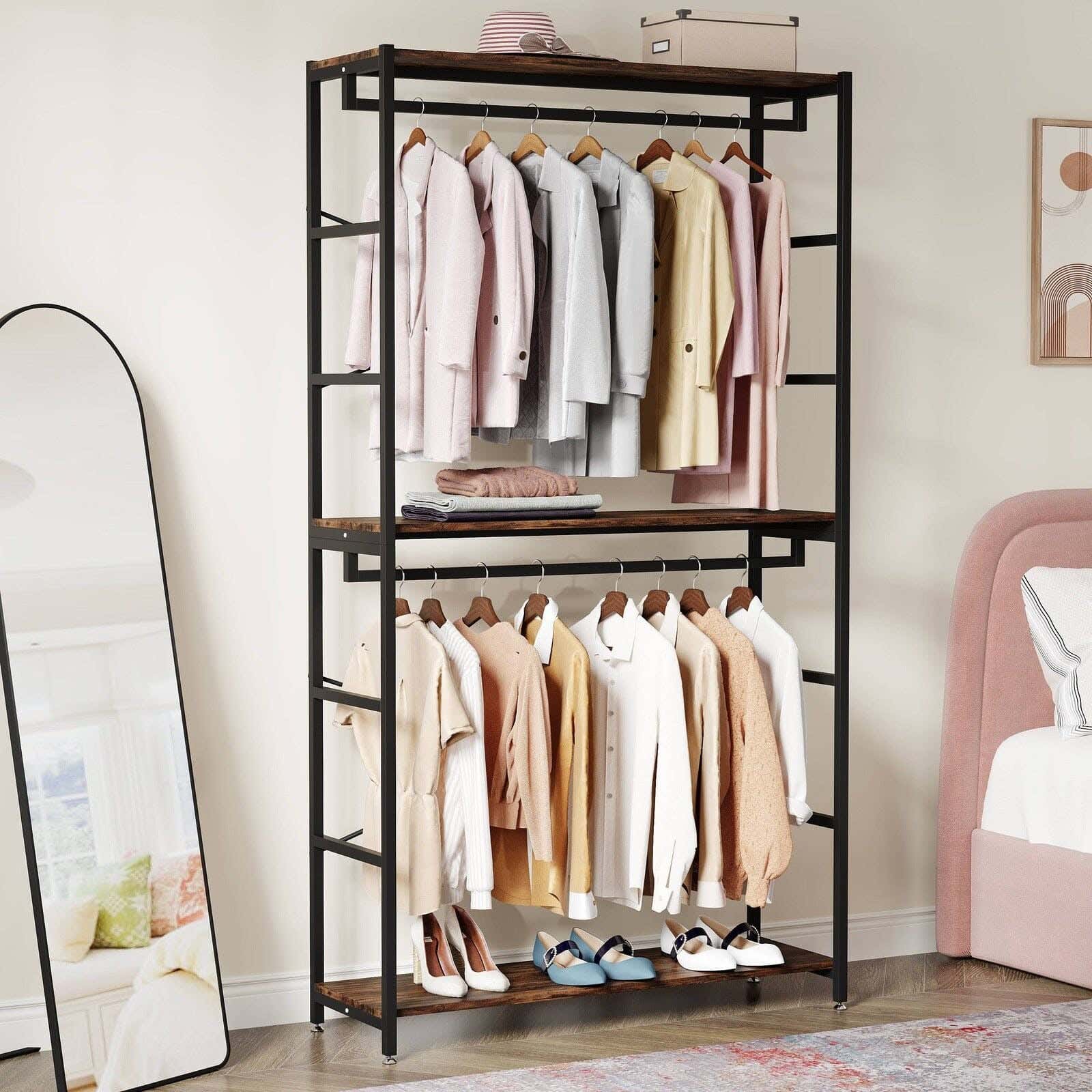 Steel MDF Wood Open Wardrobe, 95x40x120 Cm - Black Brown