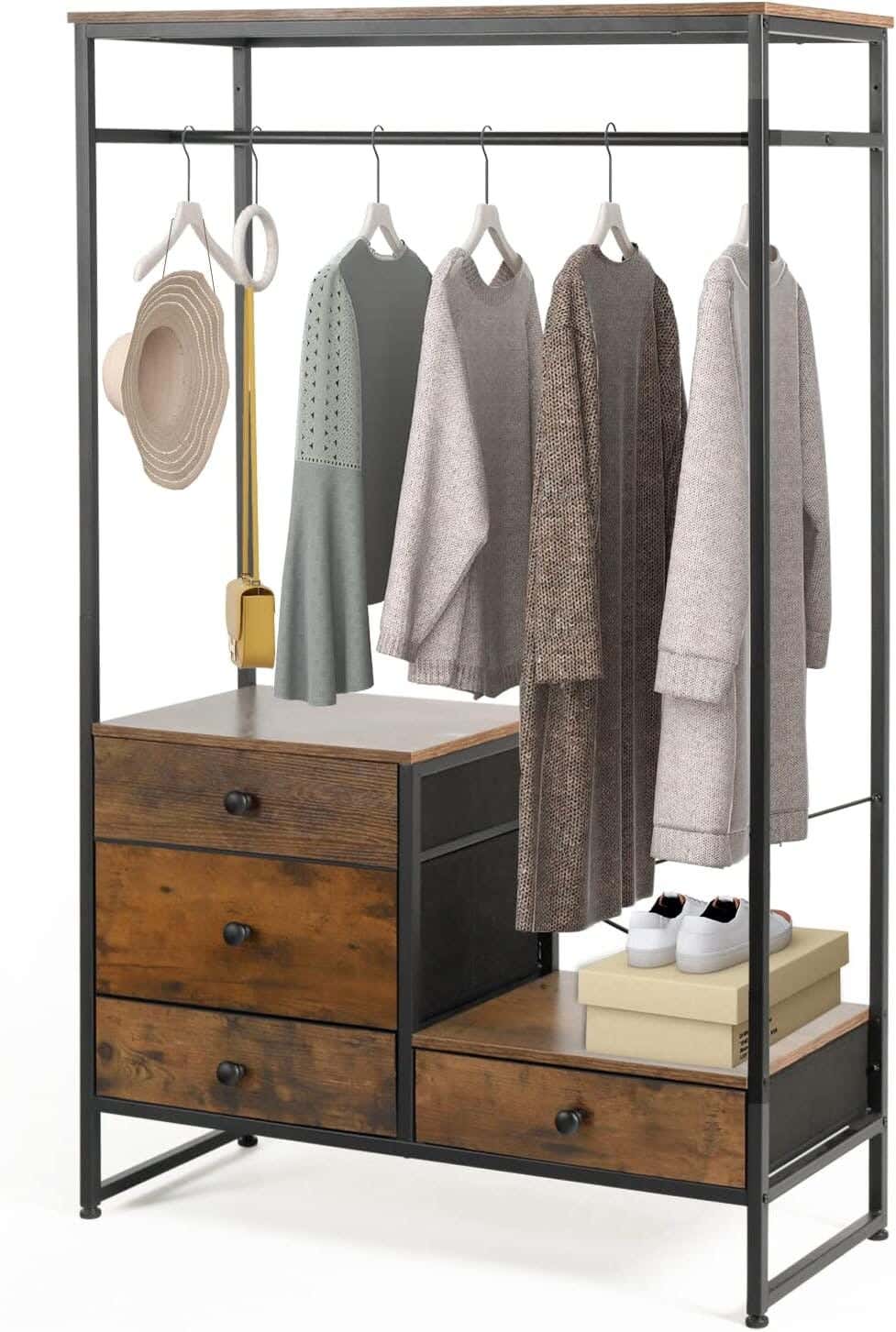 Steel MDF Wood Open Wardrobe, 65x40x180 Cm - Black Brown