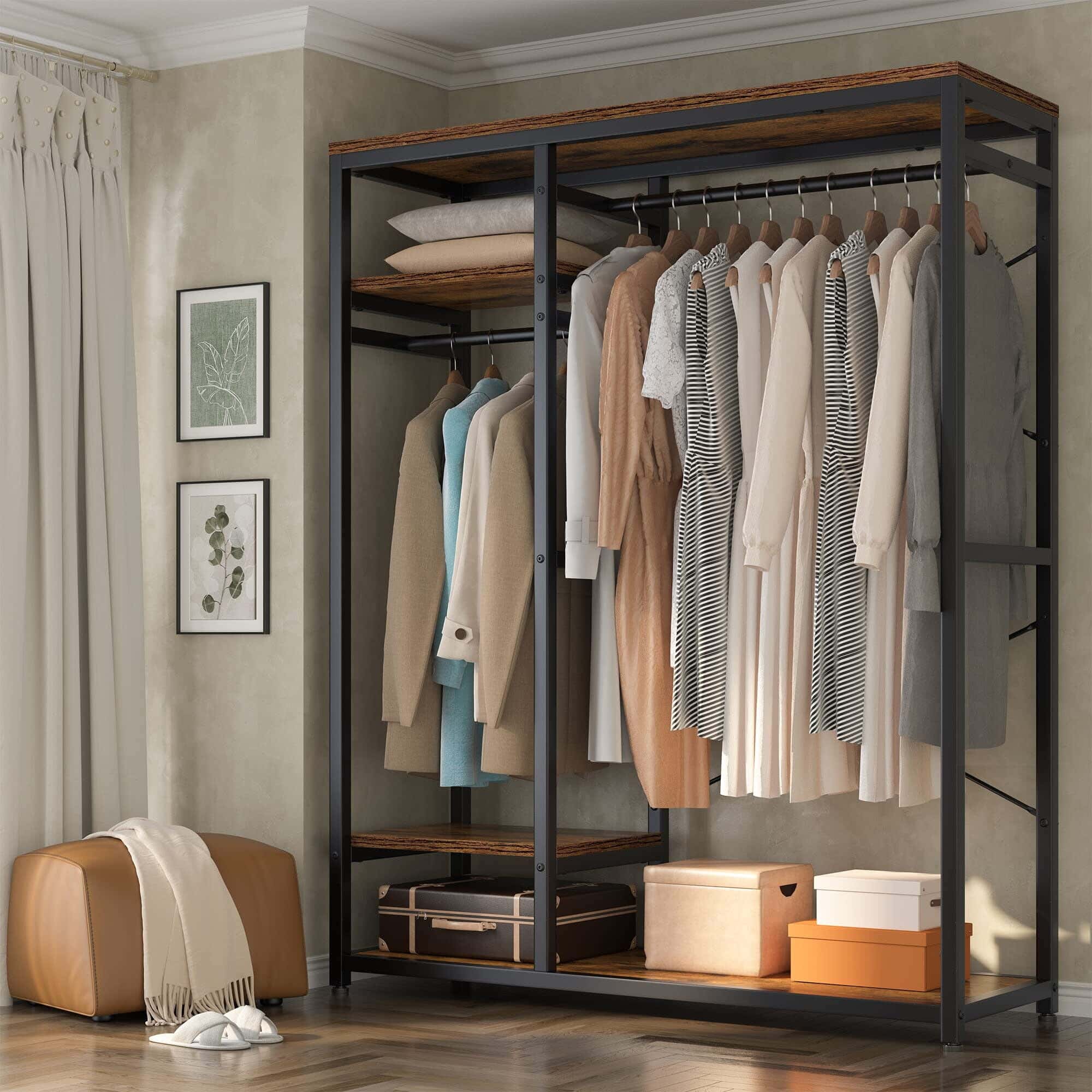 Steel MDF Wood Open Wardrobe, 150x40x180 Cm - Black Brown