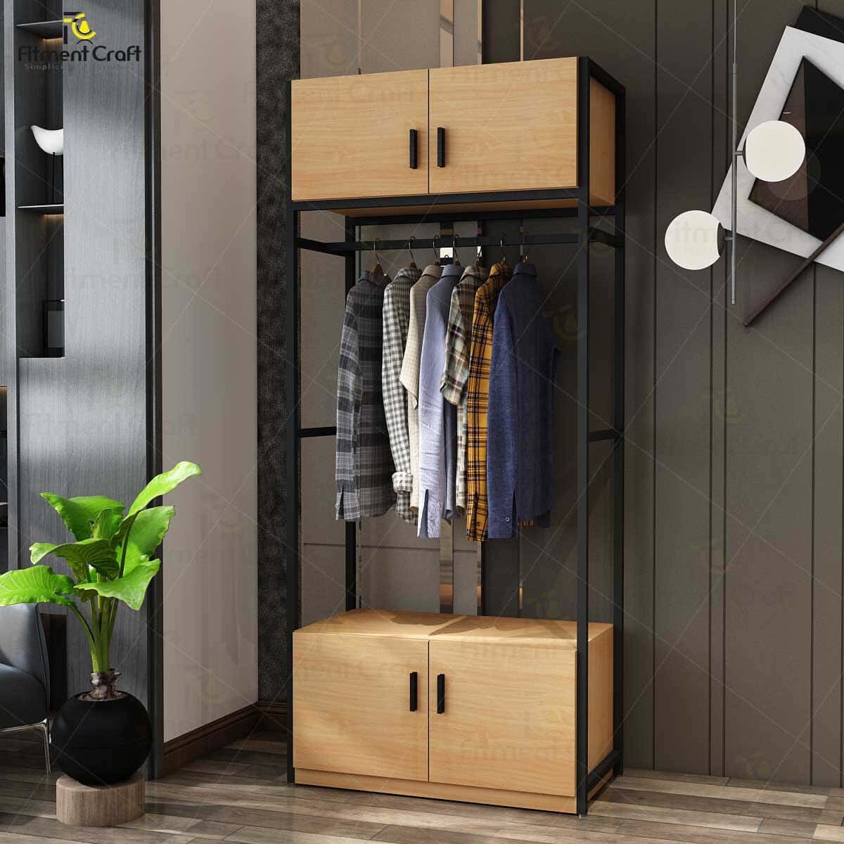 Steel MDF Wood Open Wardrobe, 95x35x180 Cm - Black Brown
