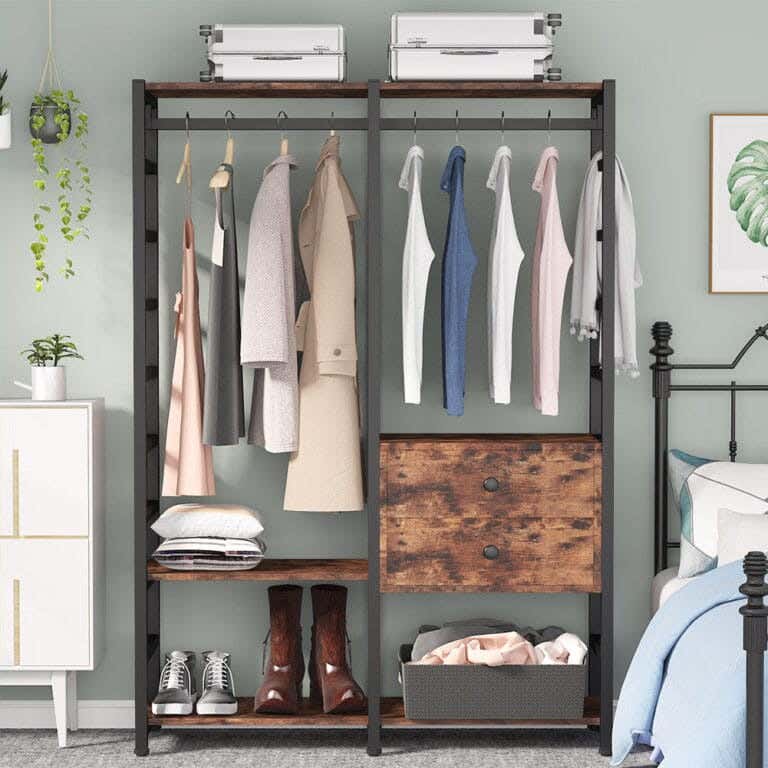 Steel MDF Wood Open Wardrobe, 75x35x180 Cm - Black Brown
