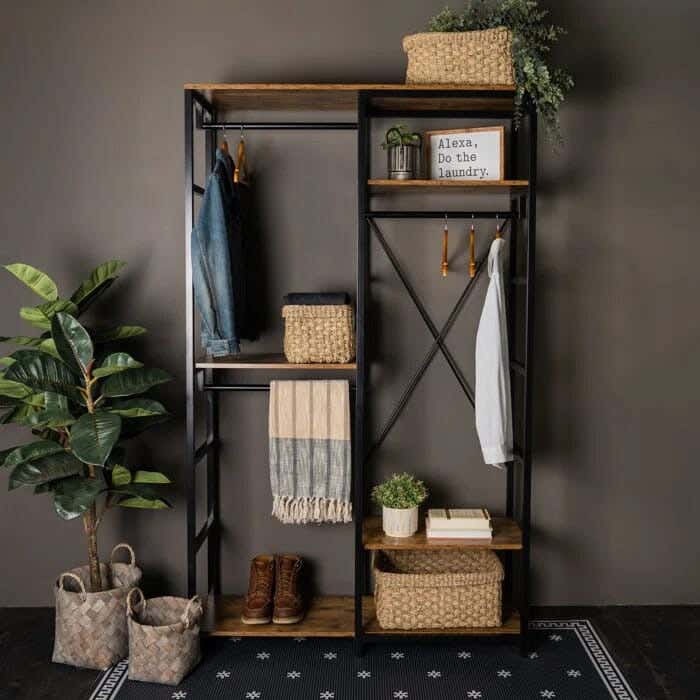 Steel MDF Wood Open Wardrobe, 65x35x180 Cm - Black Brown