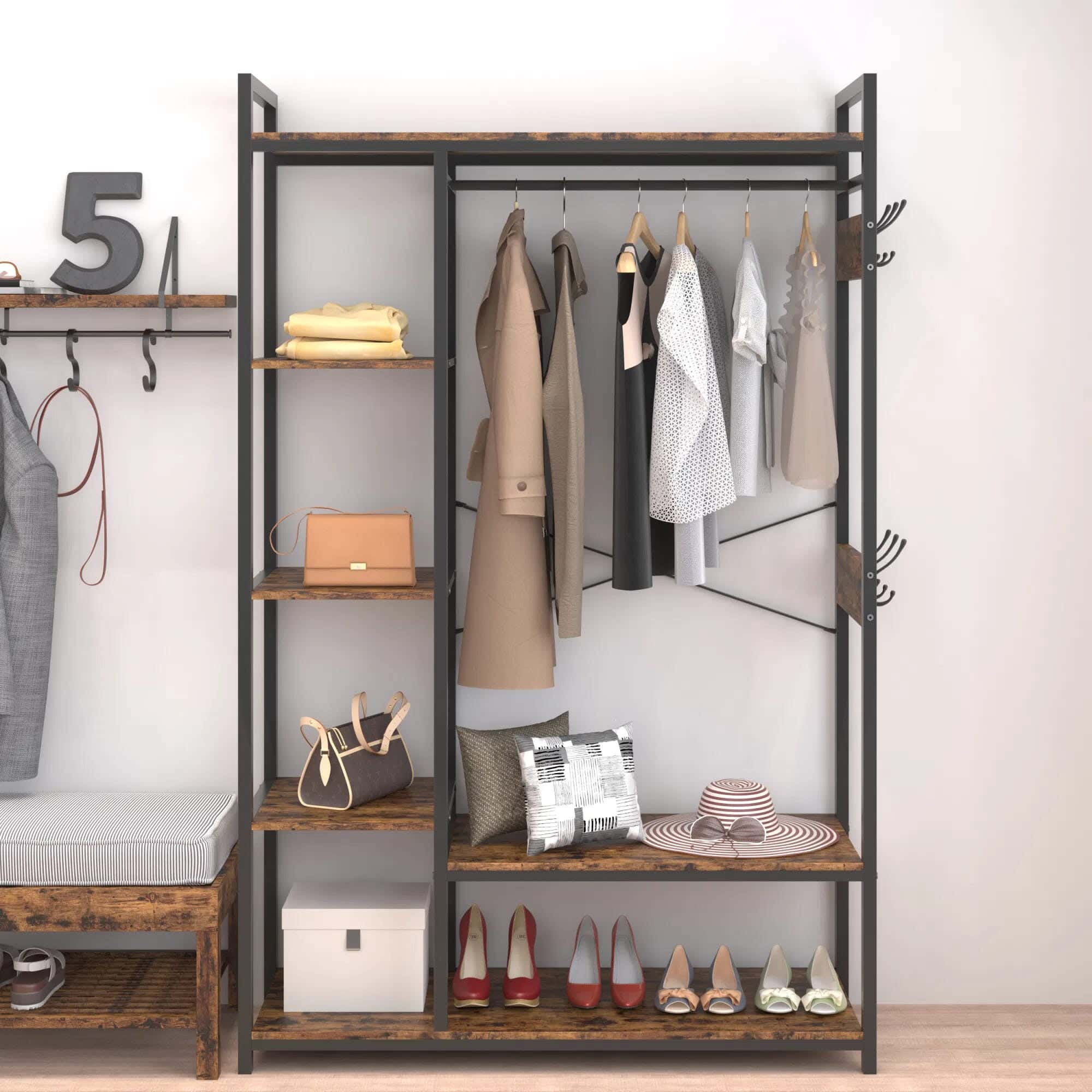 Steel MDF Wood Open Wardrobe, 120x35x180 Cm - Black Brown