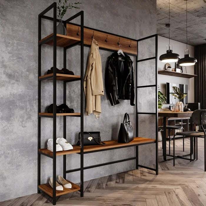 Steel MDF Wood Open Wardrobe, 120x35x180 Cm - Black Brown