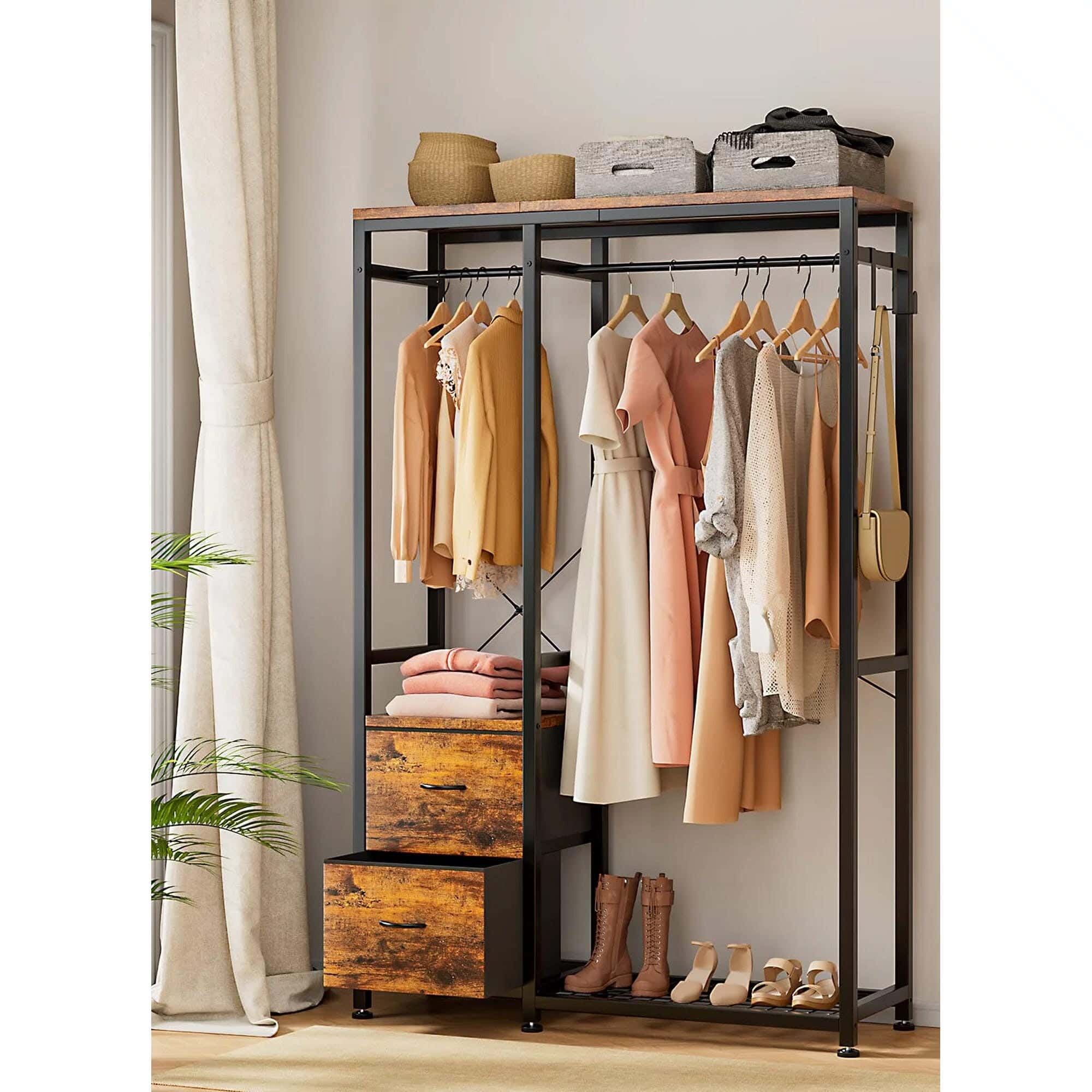 Steel MDF Wood Open Wardrobe, 120x40x180 Cm - Black Brown