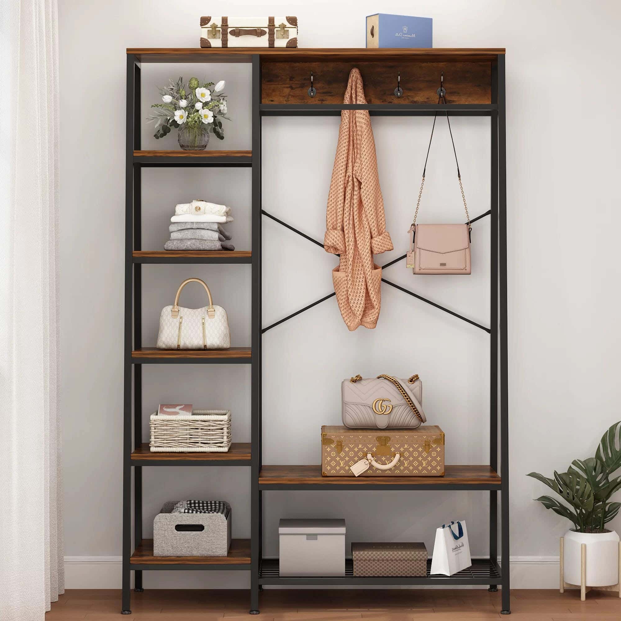 Steel MDF Wood Open Wardrobe, 95x40x180 Cm - Black Brown