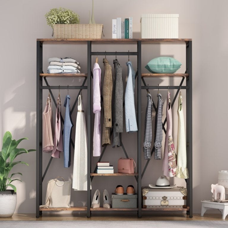 Metal MDF Wood Open Wardrobe, 65x35x180 Cm - Black
