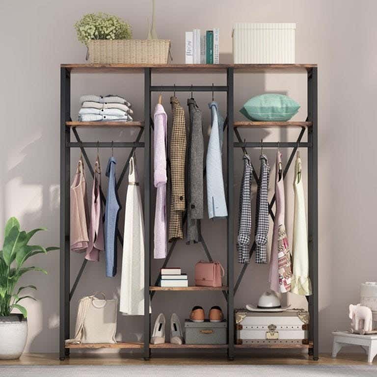 Metal MDF Wood Open Wardrobe, 65x35x180 Cm - Black