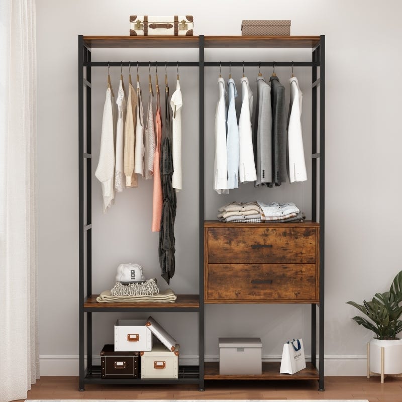 Metal MDF Wood Clothes' Cabinet, 130x40x180 Cm - Black