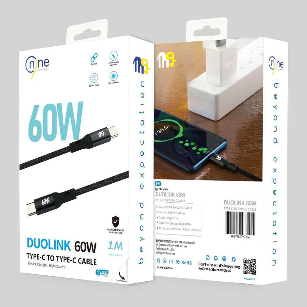 NINE CABLE DUOLINK 60W TYPE C TO TYPE C