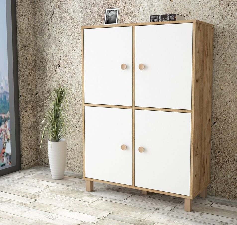 MDF Wood Storage And Drawer Unit, 90×40×130 cm - Beige White