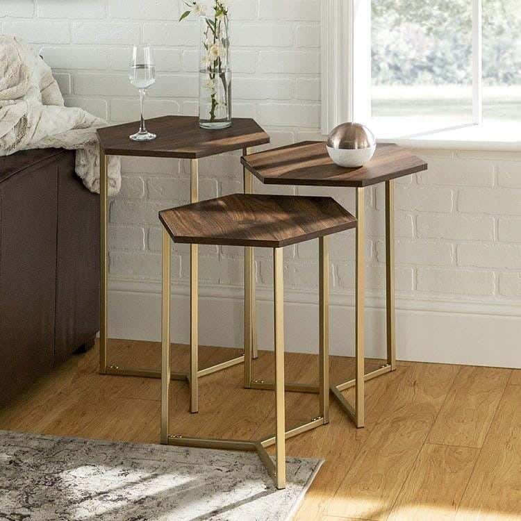 Metal Side Table Set With MDF Wood Surface, 3 Pieces - White Gold