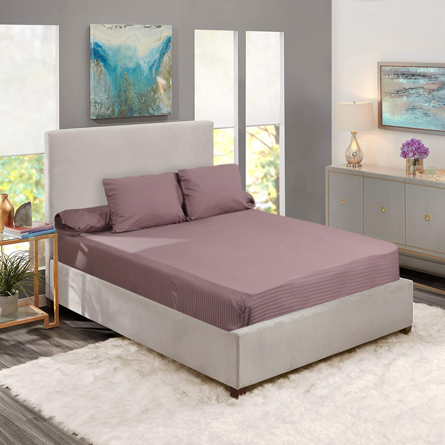 Besan Lotus Striped Cotton Bedsheet Set, 4 Pieces - Dark Kashmir