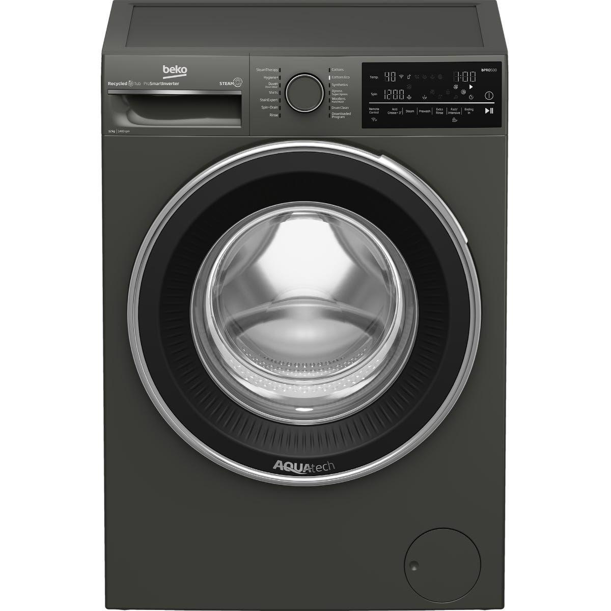 Beko B3WFU51240MCI  Automatic Washing Machine, 12 kg, 1400 RPM, Digital Screen, Inverter Motor, Bluetooth, Wi-Fi - Grey