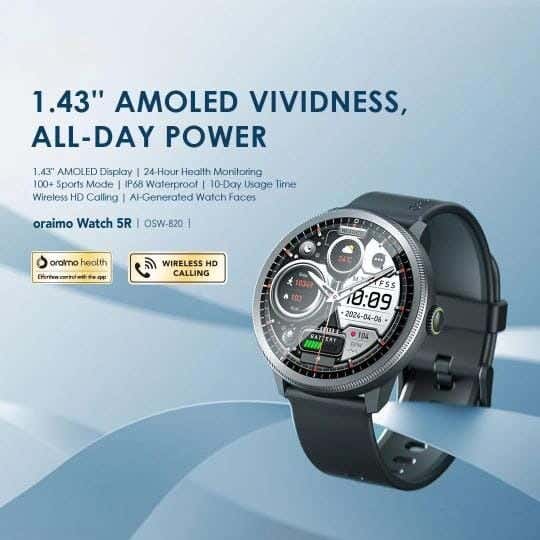 Oraimo Smartwatch, Bluetooth Calls, Health Tracking, OSW-820 - Black