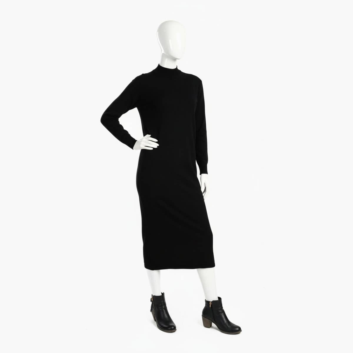 Carinawear Ribbed High-Neck Knitted Midi Dress - Solid Pattern & Long Sleeves
