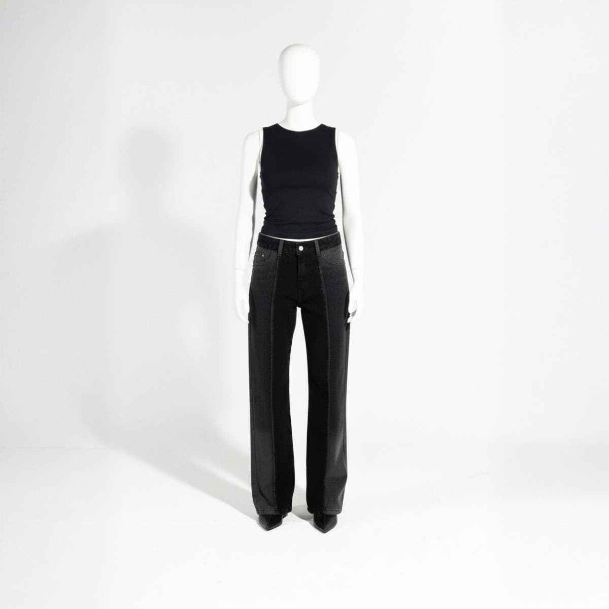 Carinawear Black Patched Denim Pants - Cotton, Straight Cut, Button & Zipper Closure