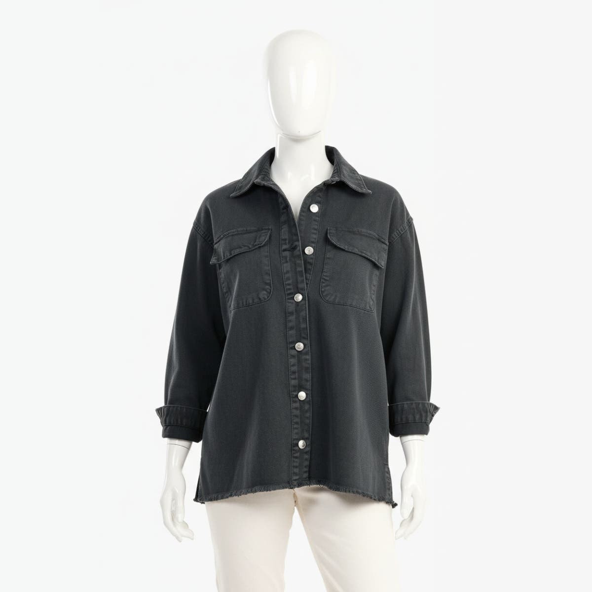 Carinawear Denim Shirt with Chest Pockets - Solid Pattern, Fringes, Relaxed Fit