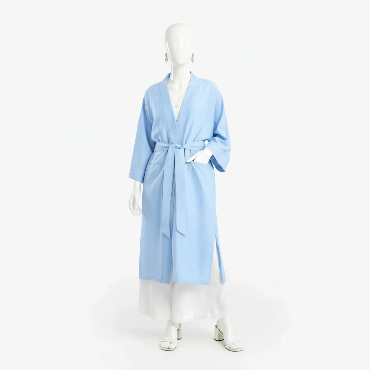 Carinawear Blue Polyester Midi Kimono with Open Front