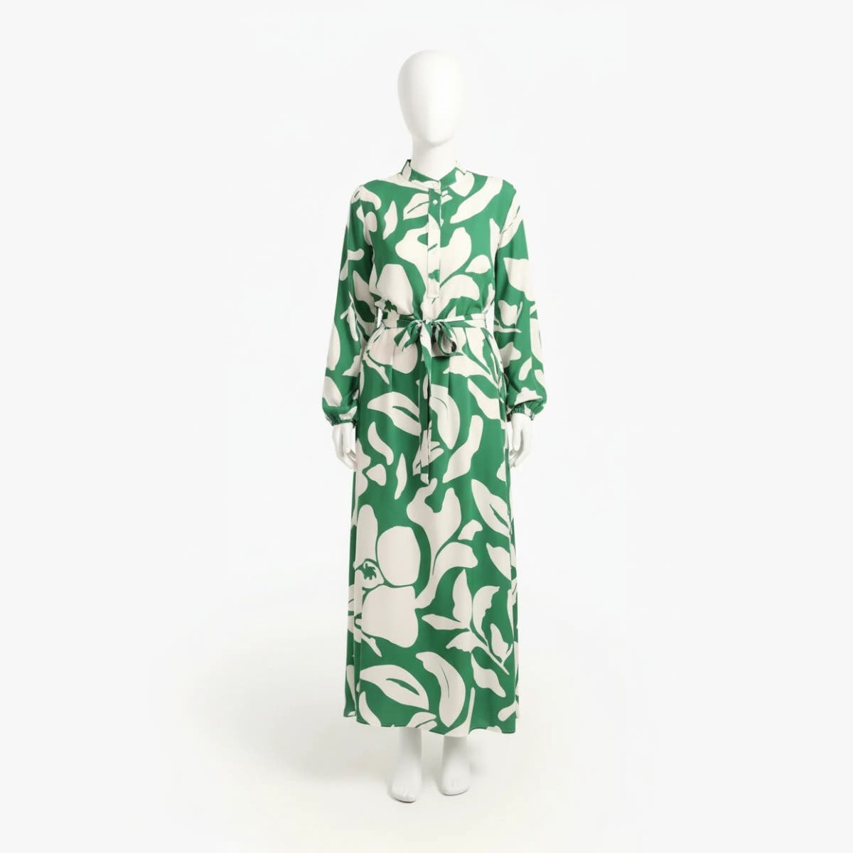 Carinawear Elegant Printed Viscose Maxi Dress | Round Neck, Long Sleeves, Waist Belt