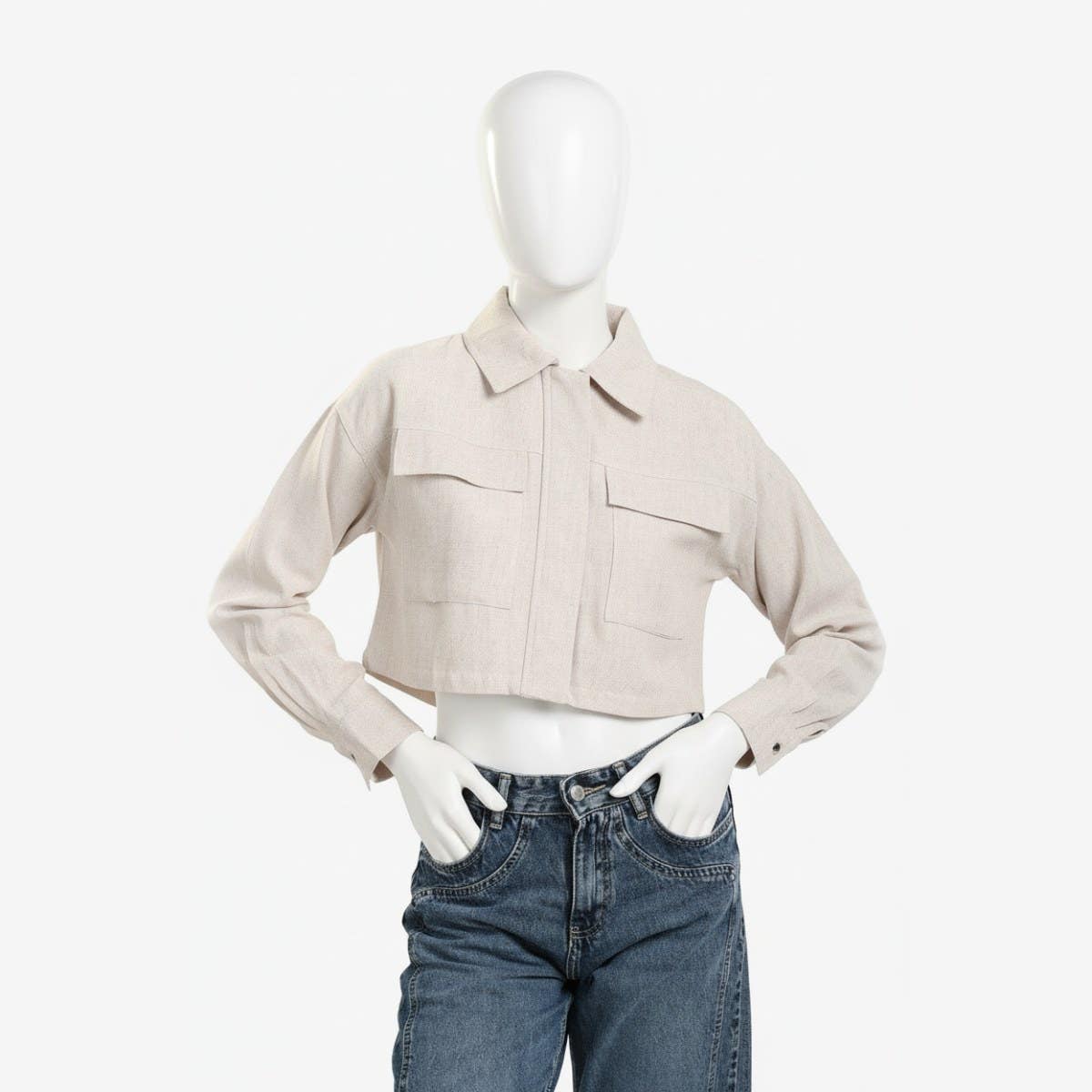 Beige Linen Cropped Shirt