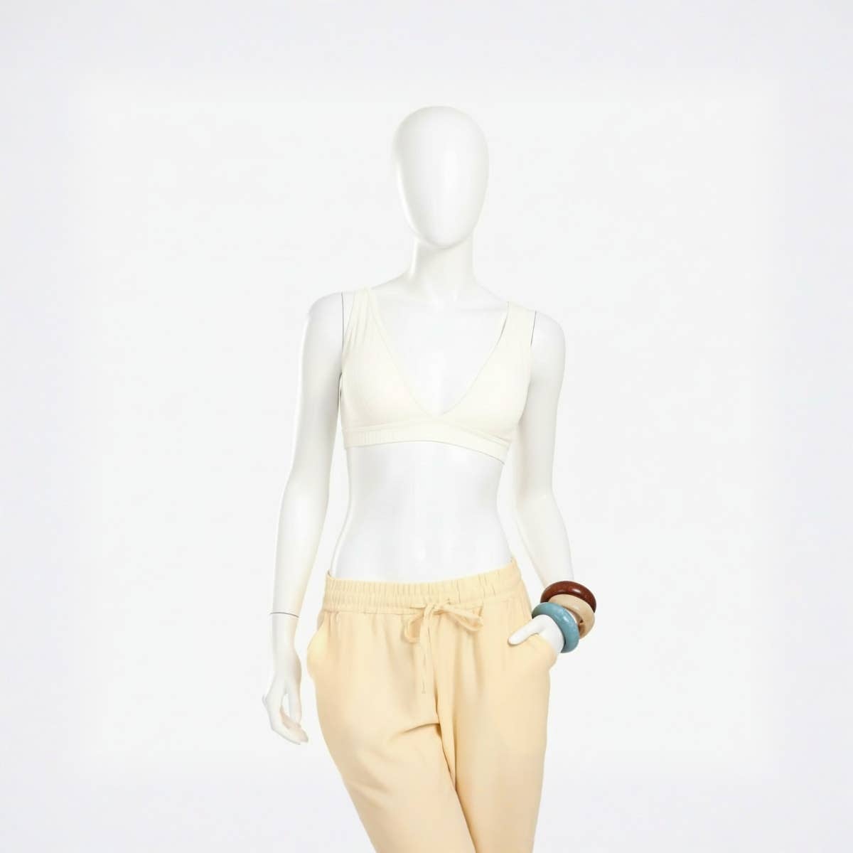 Carinawear Soft Ribbed V-Neck Bra - Beige, S-M - Comfortable & Stylish