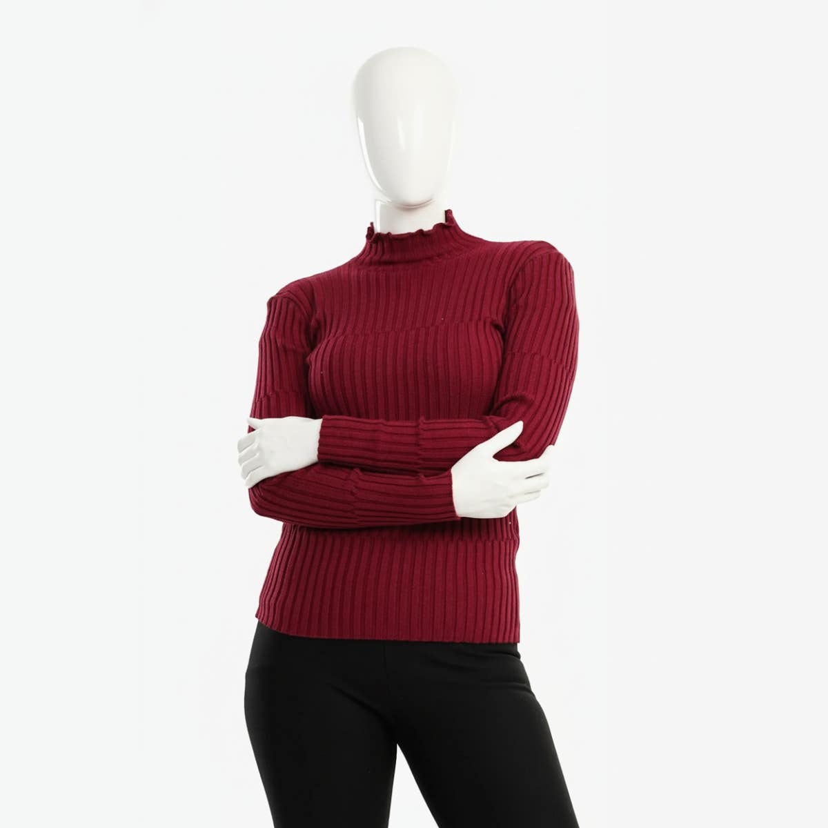 Carinawear Wool Blend Ribbed Slim Fit Pullover - High Neck & Ruffled Edge, Long Sleeves