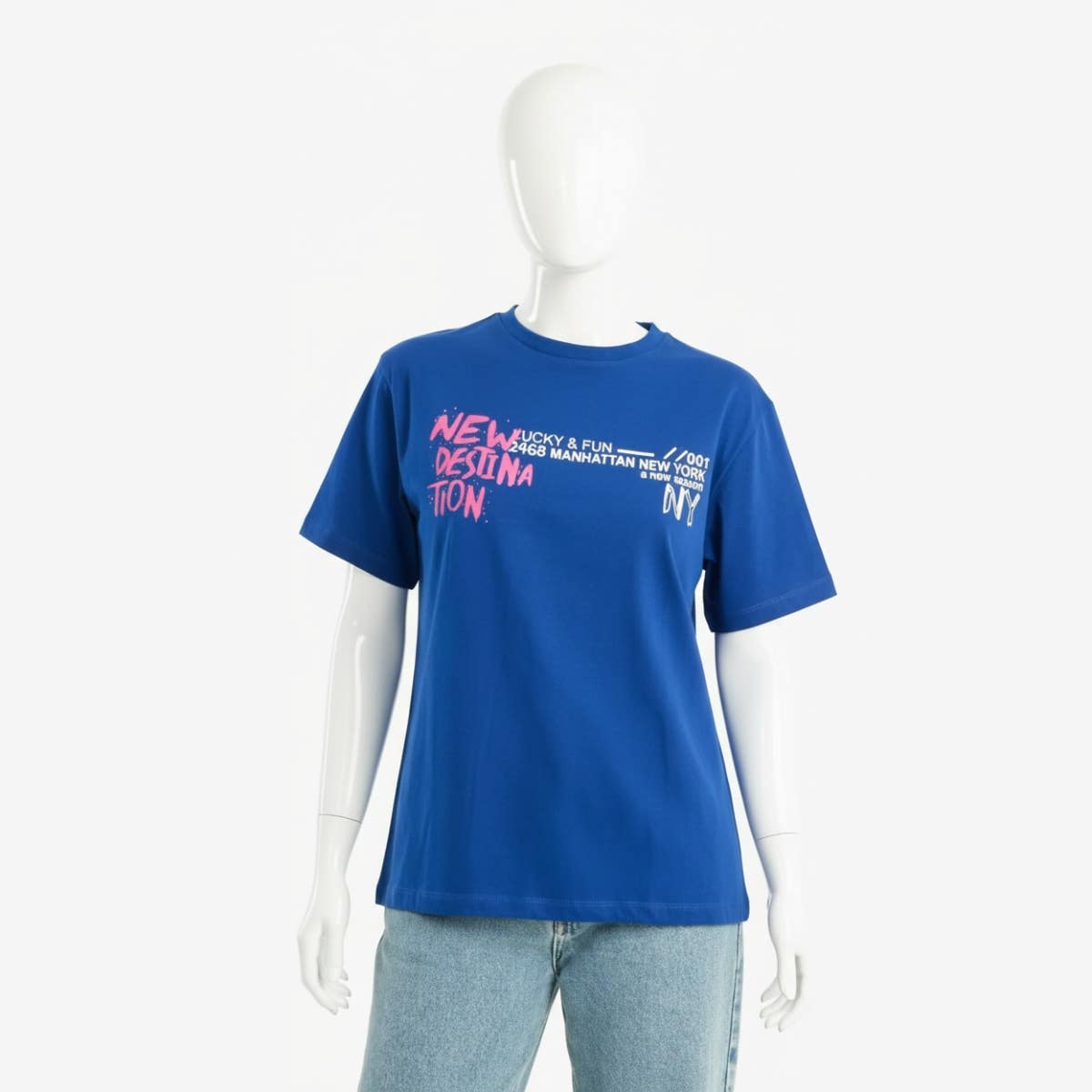 Carinawear Blue Printed Cotton T-Shirt | New York Statements