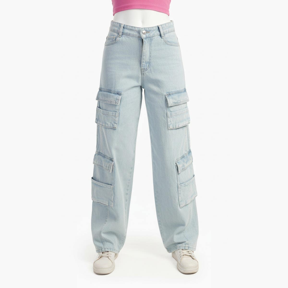 Carinawear Light Blue Wide-Leg Cargo Jeans with Pockets