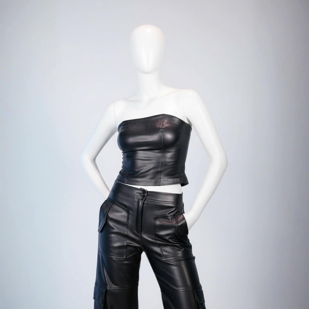 Carinawear Faux Leather Strapless Black Bustier Top - Slim Fit, Sleeveless, Edgy Style