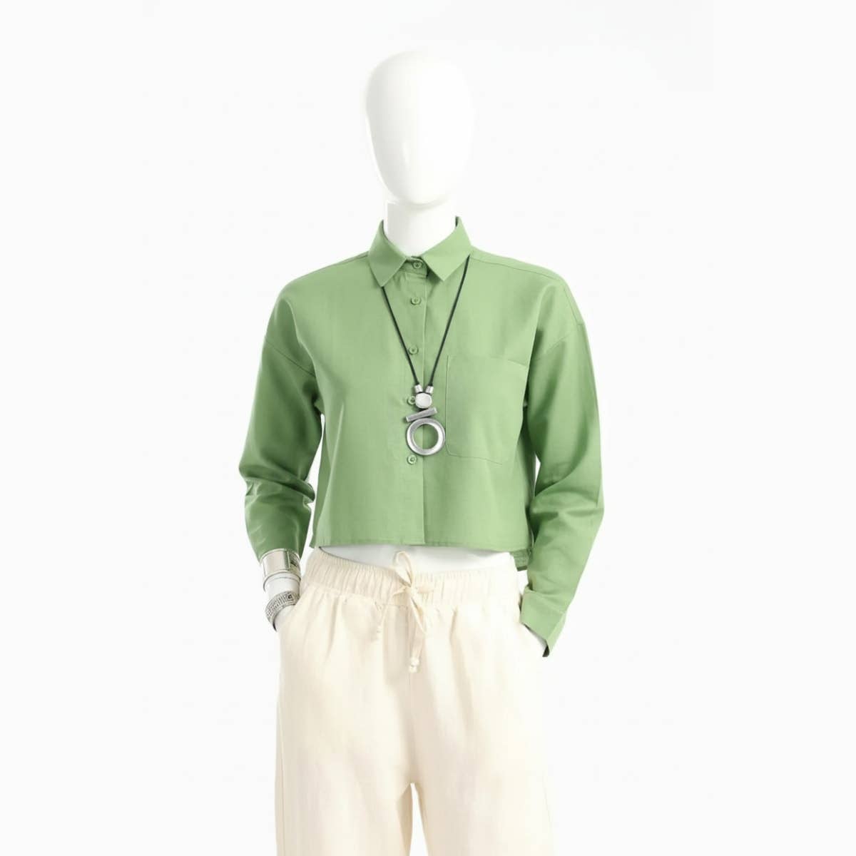 Carinawear Long Sleeves Cropped Tencel Shirt - Classic Collared Style