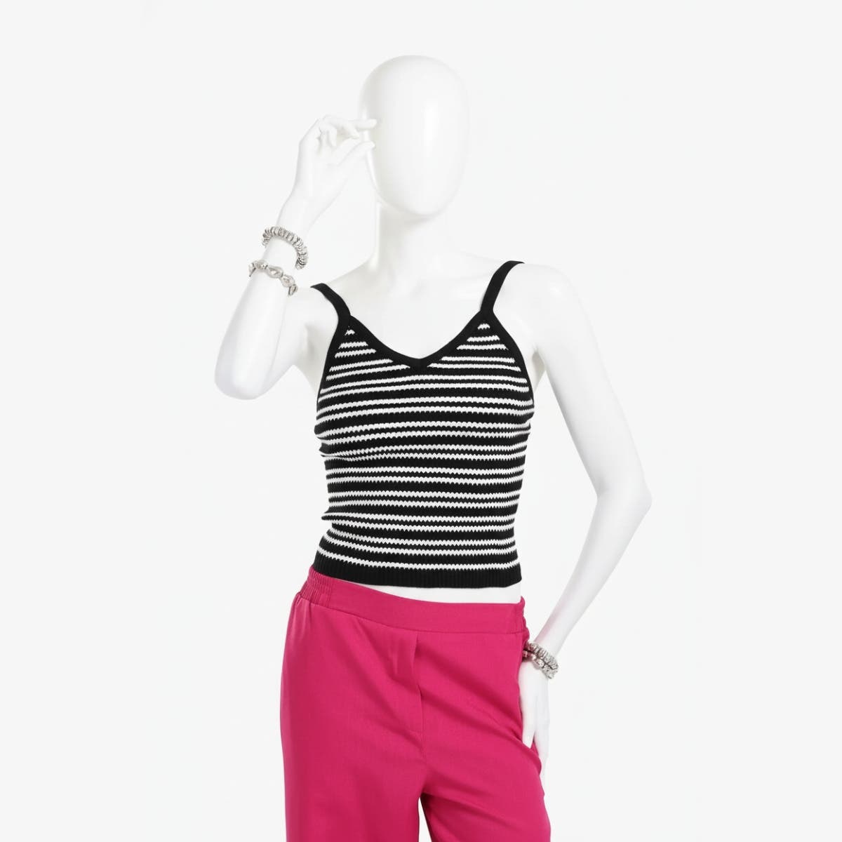 Carinawear Slim Fit Striped Sleeveless Top in Tencel Fabric - V-Neck, Spaghetti Straps