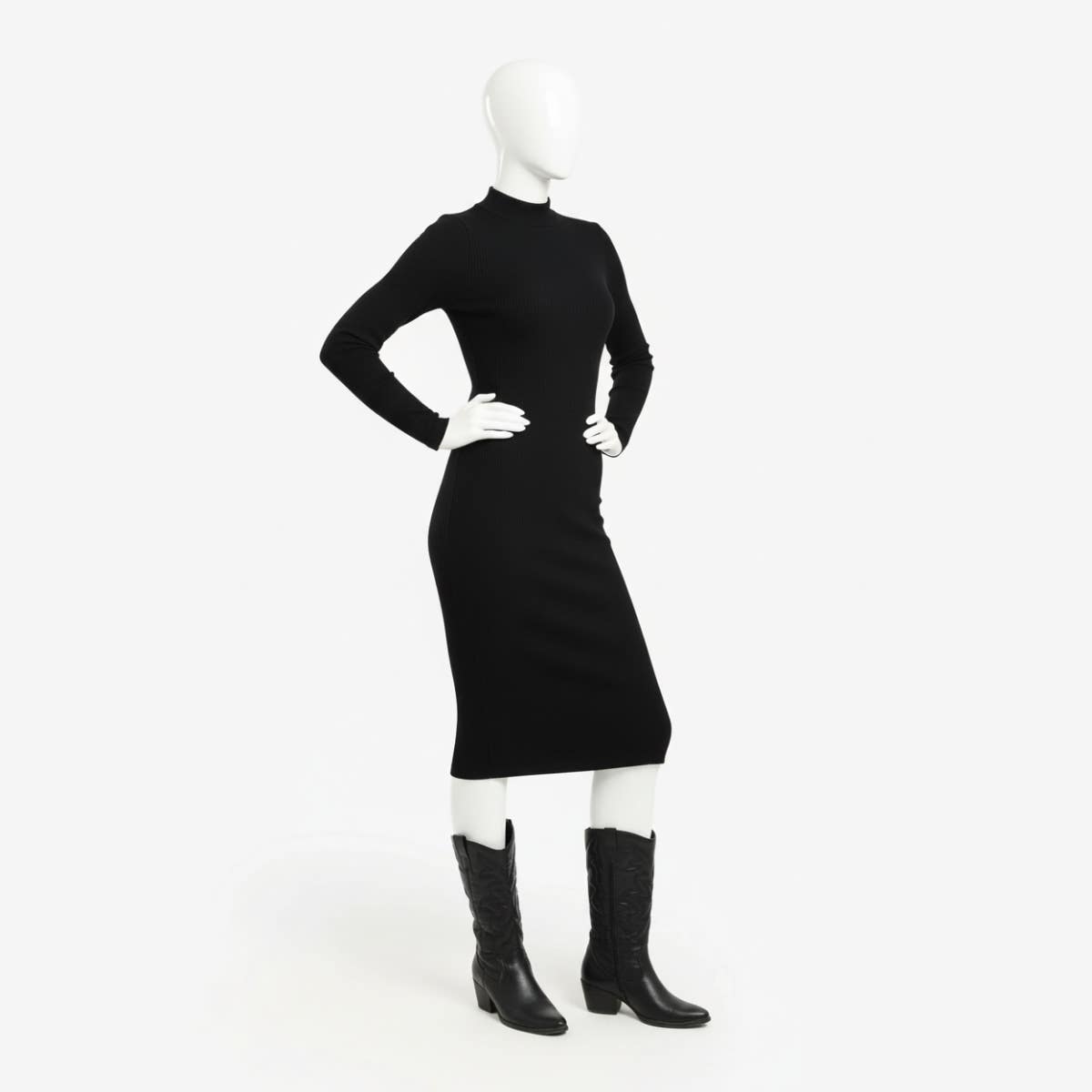 Carinawear Ribbed Slim Fit Midi Dress | Microfiber, Crew Neck, Long Sleeves