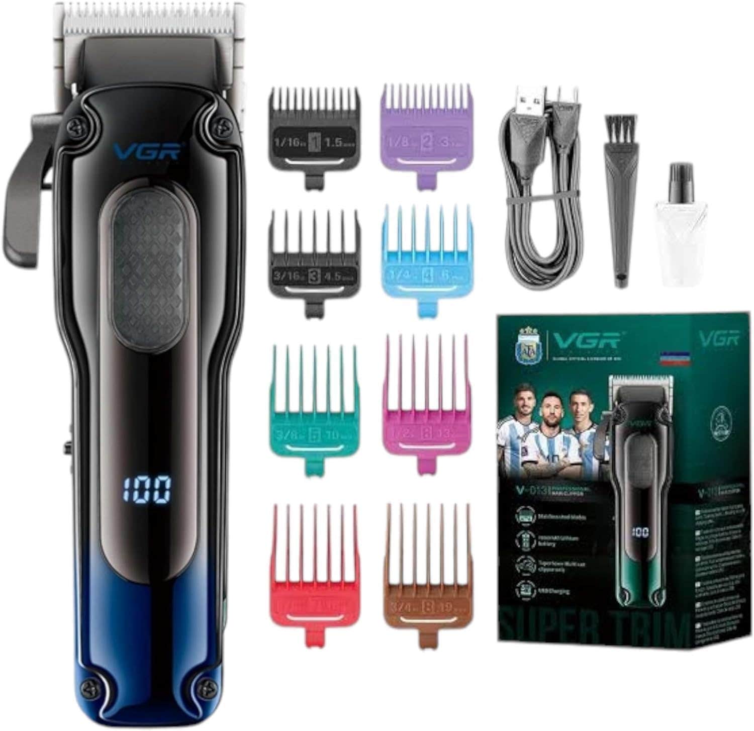 VGR V-013 Professional Hair Clipper - 200 Min Runtime, Lithium Battery, 8 Guide Combs