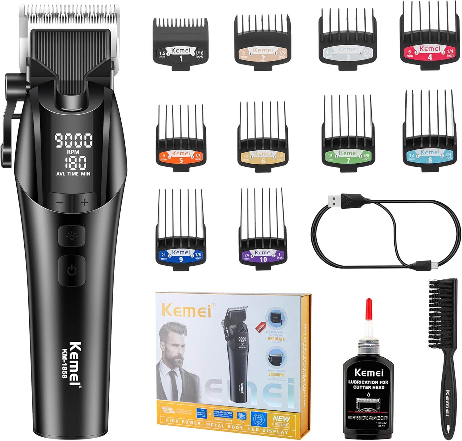 KEMEI 1858 Professional Cordless Hair Clipper for Men with LED Display & 5-Speed Settings
