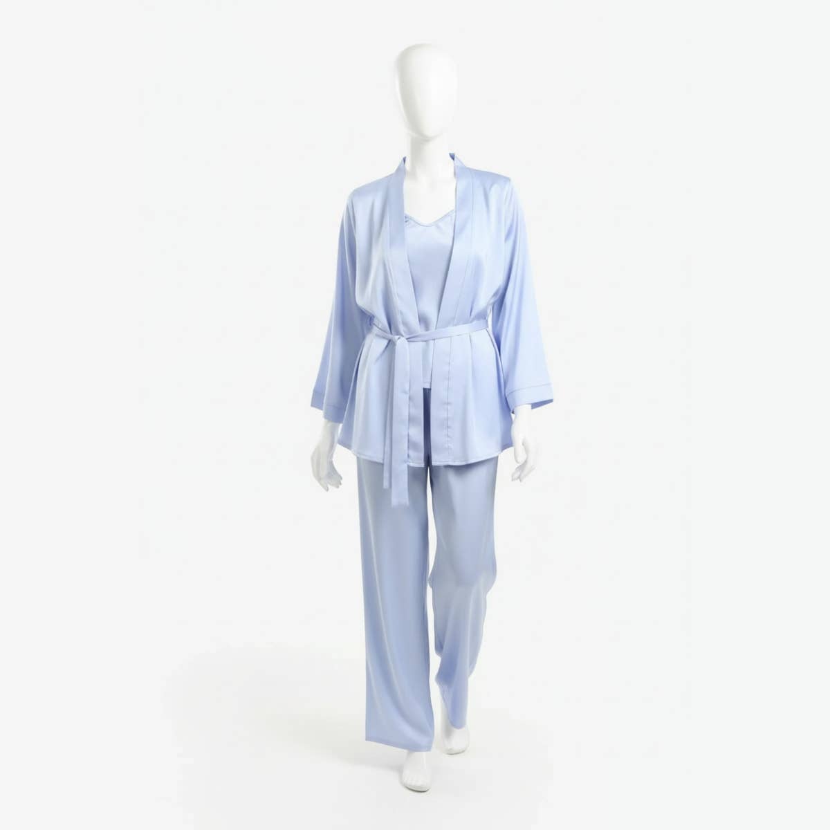 Carinawear Light Blue Satin 3-Piece Pyjama Set - V-Neck Top, High-Waisted Pants & Robe