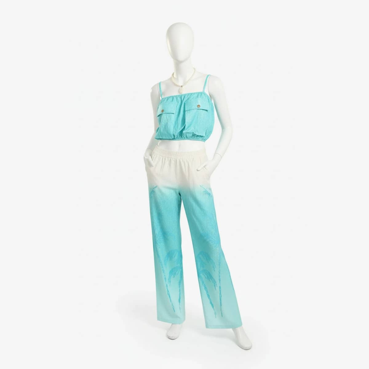 Carinawear Tropical Palm Beach Set - Palm Print Crop Top & Elastic Waist Pants