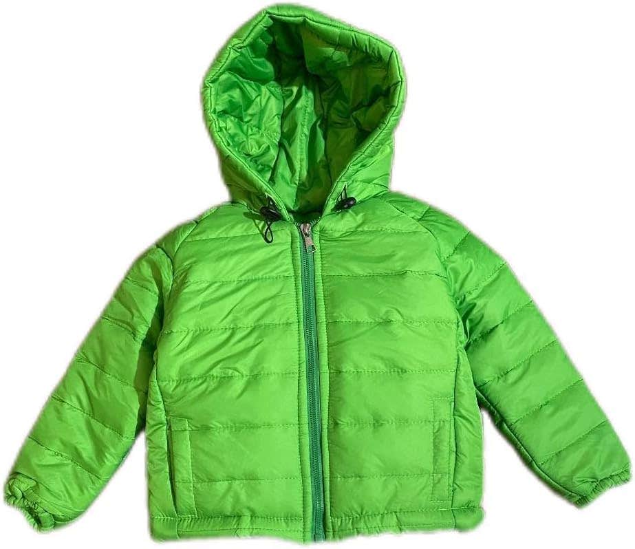 Kids Winter Jacket, Quilted Hoodie, Green, Full Zip