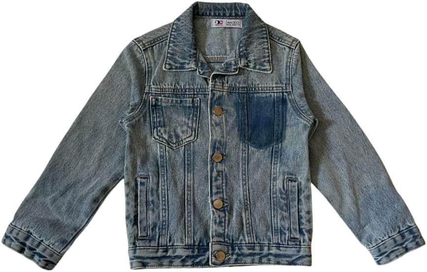 Unisex Kids Classic Washed Blue Denim Jacket, Metal Buttons, Multiple Pockets