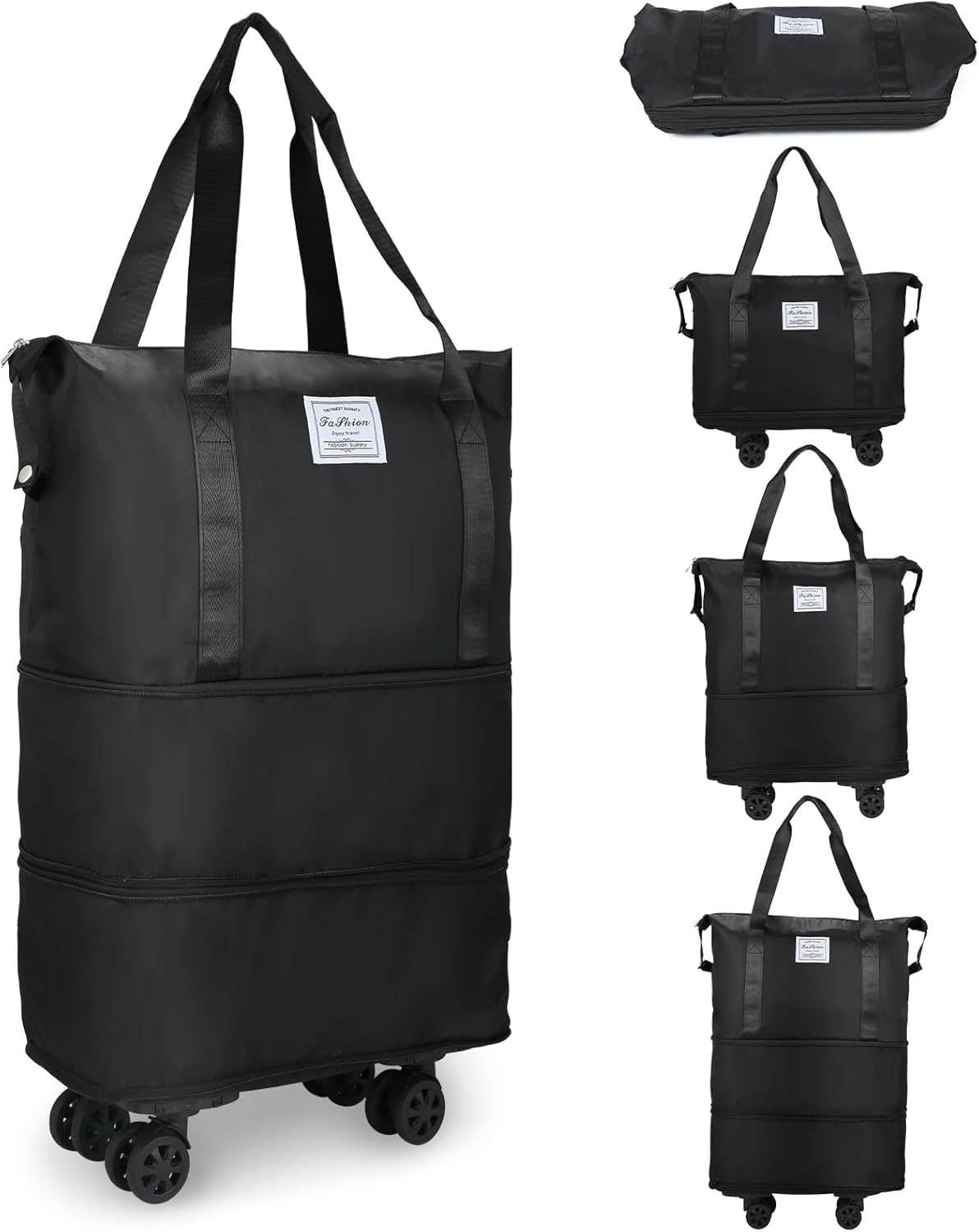 VOOWO Expandable Rolling Duffle Bag with Spinner Wheels - Black, Travel Luggage for Women