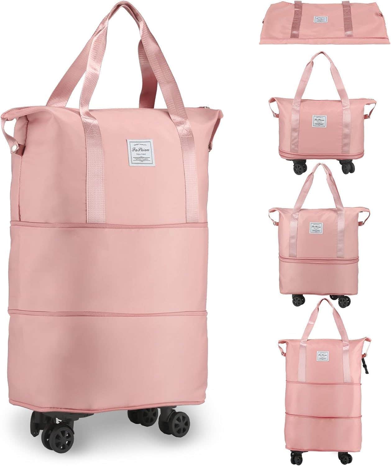 SIYONAA Rolling Duffle Bag with Wheels, Pink, Expandable Luggage